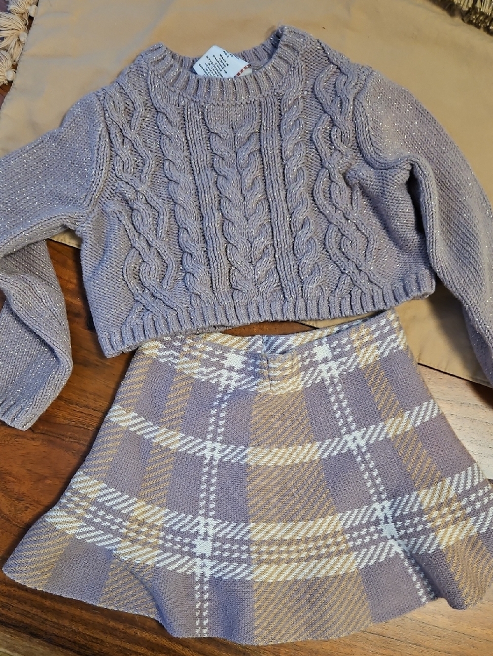 cupcakes & cashmere Lavender Cable Knit Sweater & Plaid Skirt Set